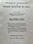 Preliminary Instructions/manual: Belmont Radio Corporation Receiver BC-348-L. Fixed Price $95.00.